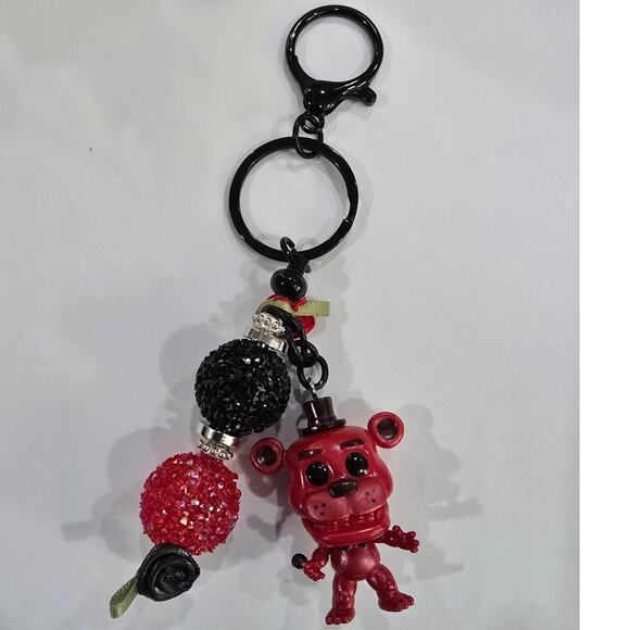 Handmade Reworked Red Bear Bag Charm Keychain - Picture 2 of 8